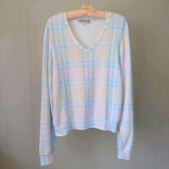 Wildfox Baggy Beach Jumper Plaid V-neck Sweater Top Size Medium Pastel - Picture 4 of 15